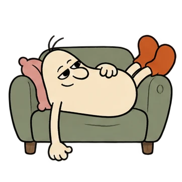Lou lying on a sofa, with his orange slippers up.